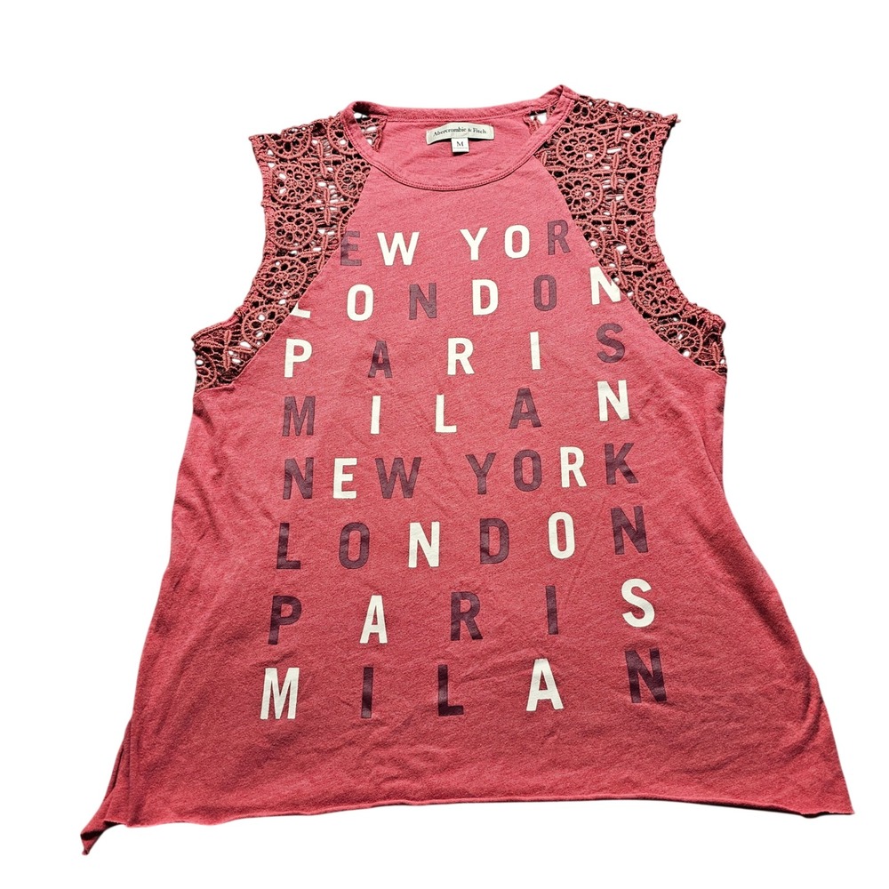 Abercrombie & Fitch Graphic Muscle Tank Top Womens M Red Crochet Lace Cities